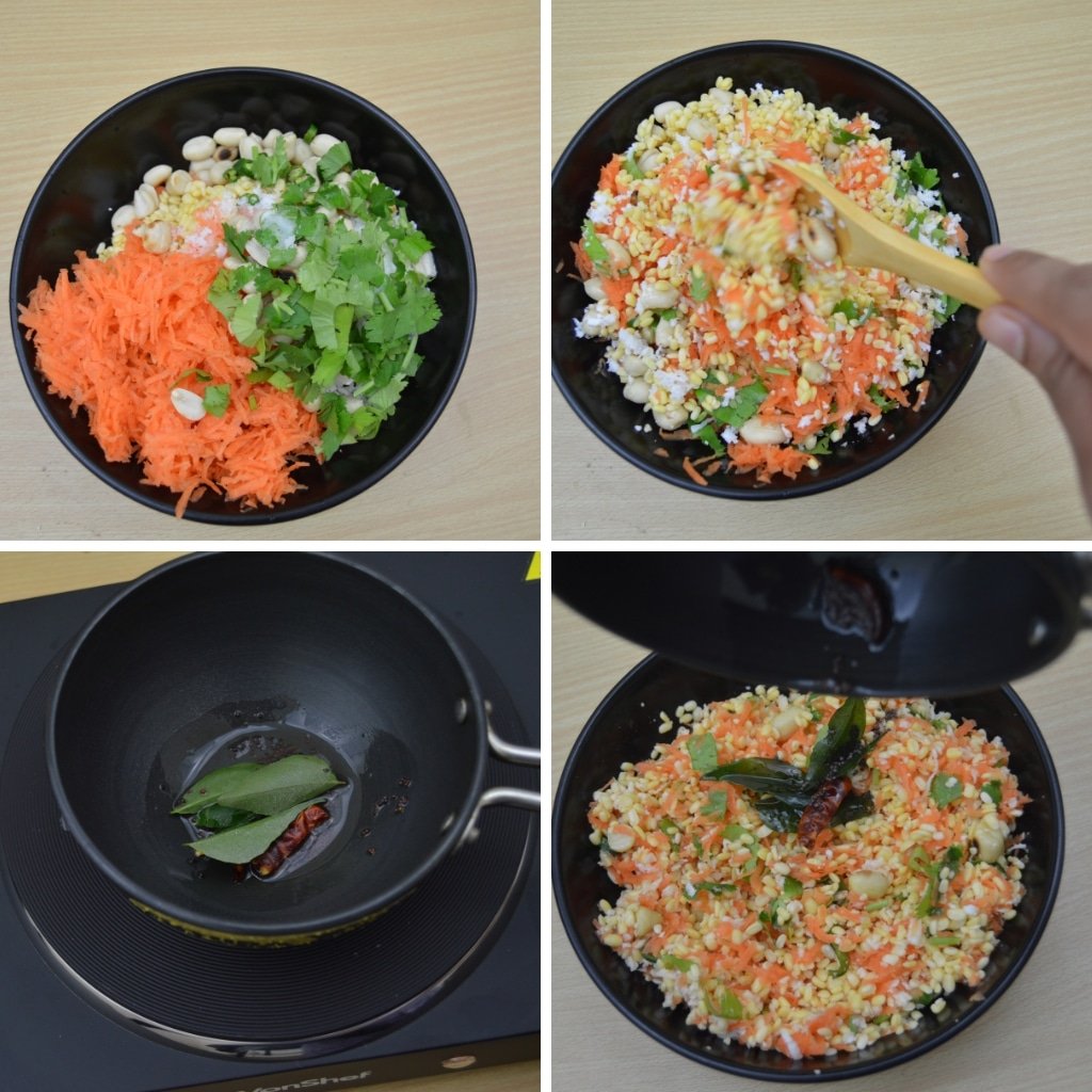 mixing carrot coriander and peanuts in a blackbowl