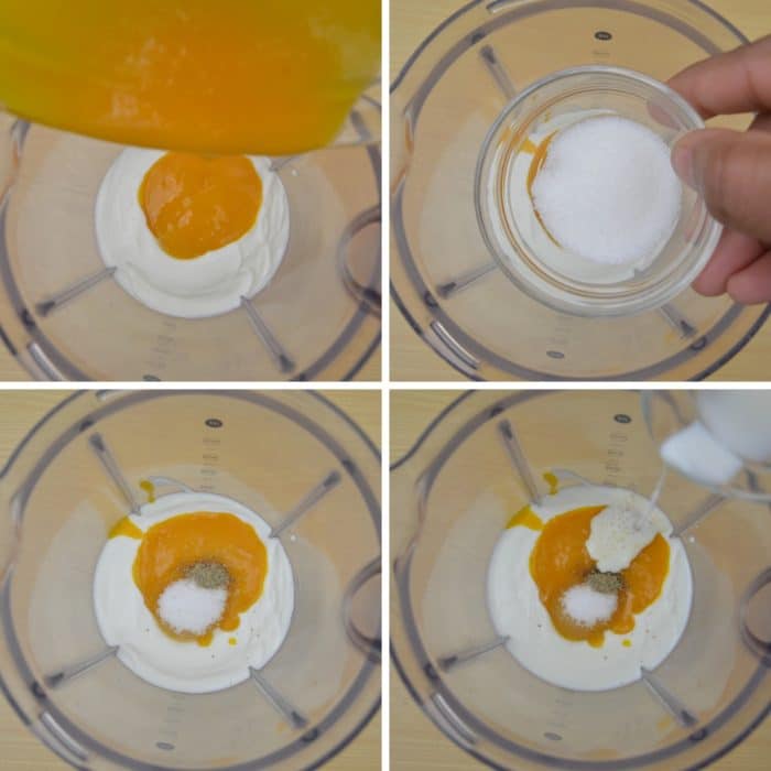 pouring mango pulp milk sugar in a blender
