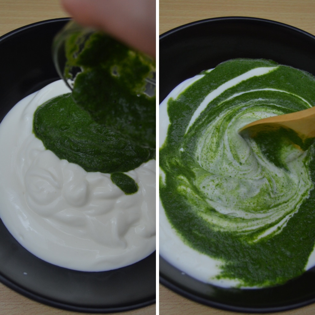 adding herb paste in yogurt and mixing
