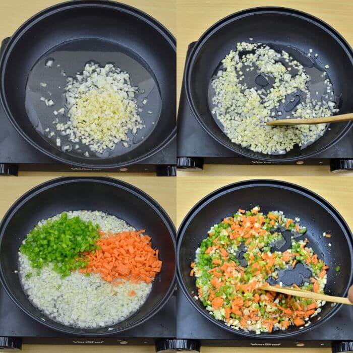process of cooking vegetables in a black pan.