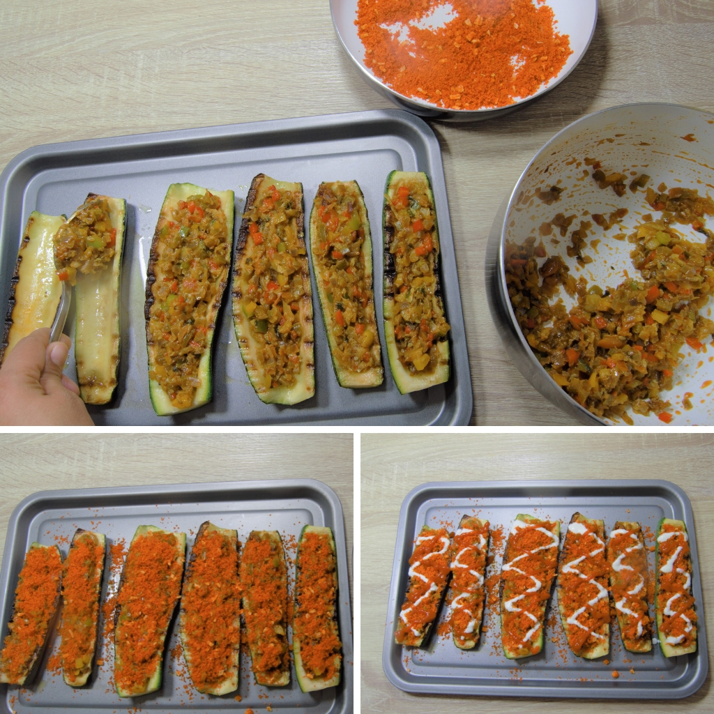 stuffing zucchini boats with cooked vegetables and topping with breadcrumbs ketchup and yogurt