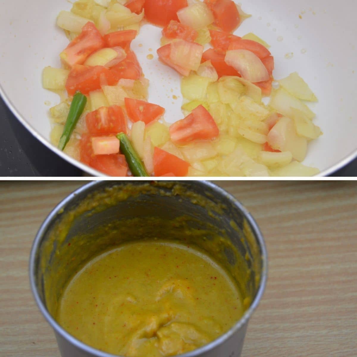 cooked onion tomato masala before and after grinding