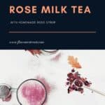 pin image of rose milk tea with orange text in black background overlay on top.