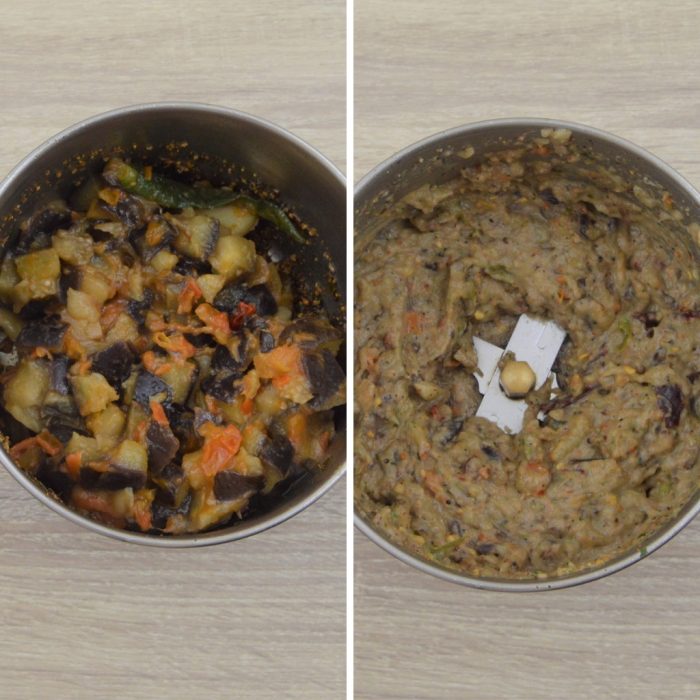 cooked vegetables in grinder before and after grinding them