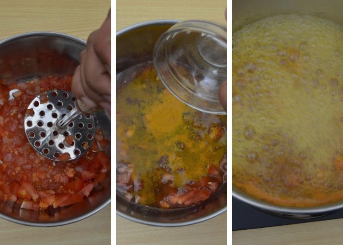 mashing tomato in a sauce pan, adding turmeric and boiling the dal rasam mixture