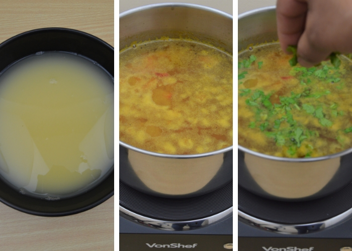 cooked dal in black bowl, boiling dal rasam and adding chopped coriander leaves
