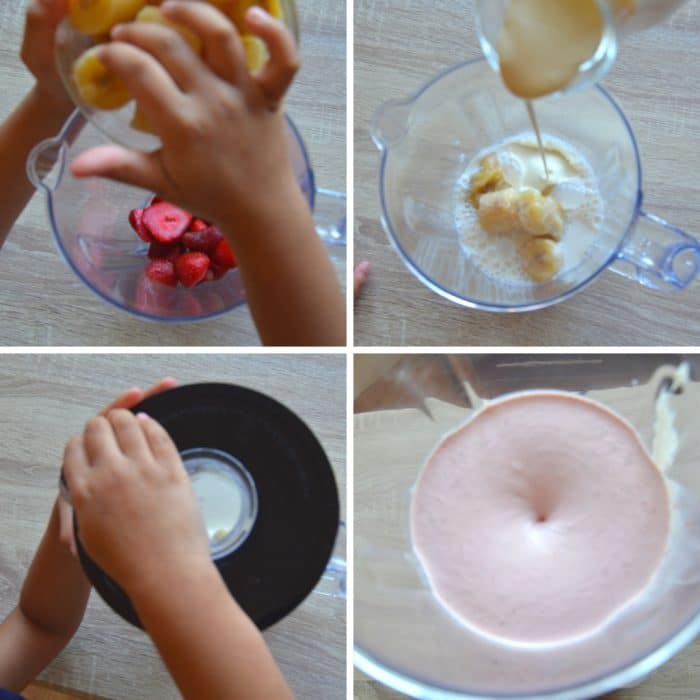 adding strawberry banana milk in a blender jar and blending to make milkshake