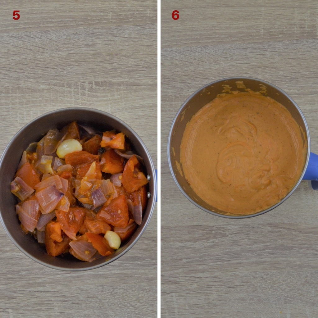onion tomato cashew mixture in blender before and after grinding