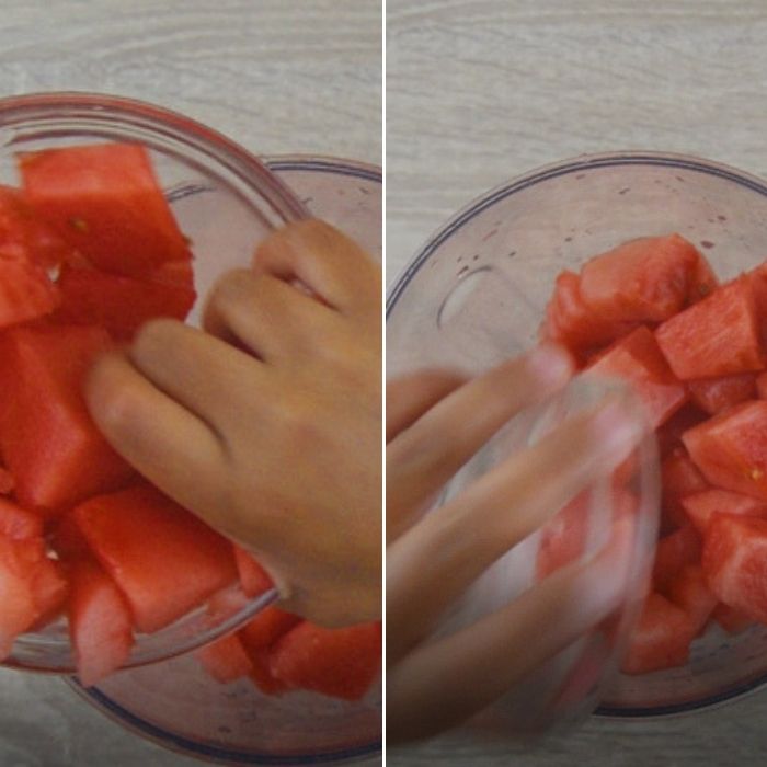 Adding watermelon and lime juice in a blender.