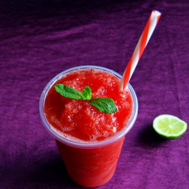 watermelon slushie in a glass topped with a mint sprig and a lime slice placed next to it.