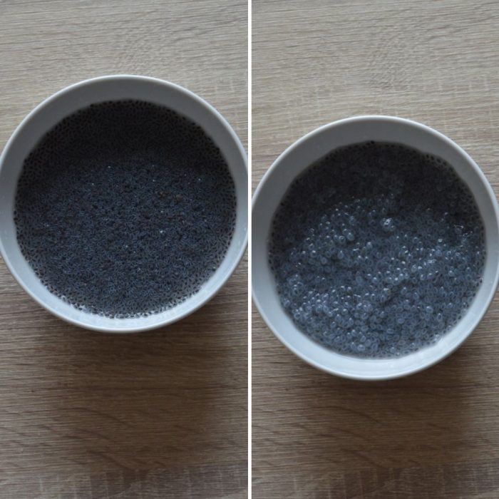 basil seeds before and after soaking in water to make simple lemonade.