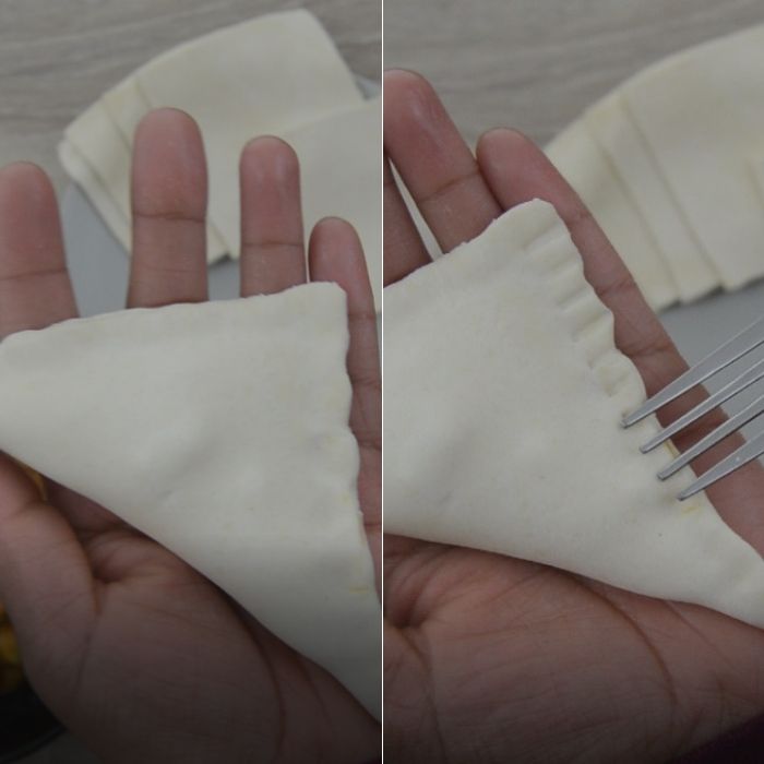 Process of sealing edges of curry puffs before baking them.