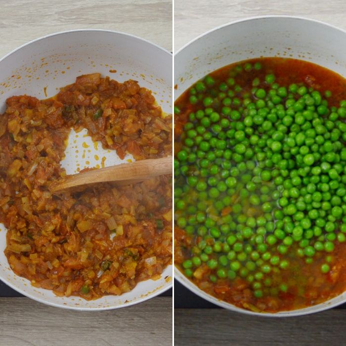 sauting and cooking green peas in masala gravy.