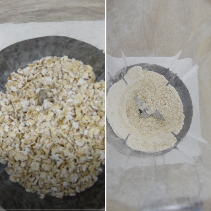 process of crumbling oats in food processor to make banana oatmeal smoothie.