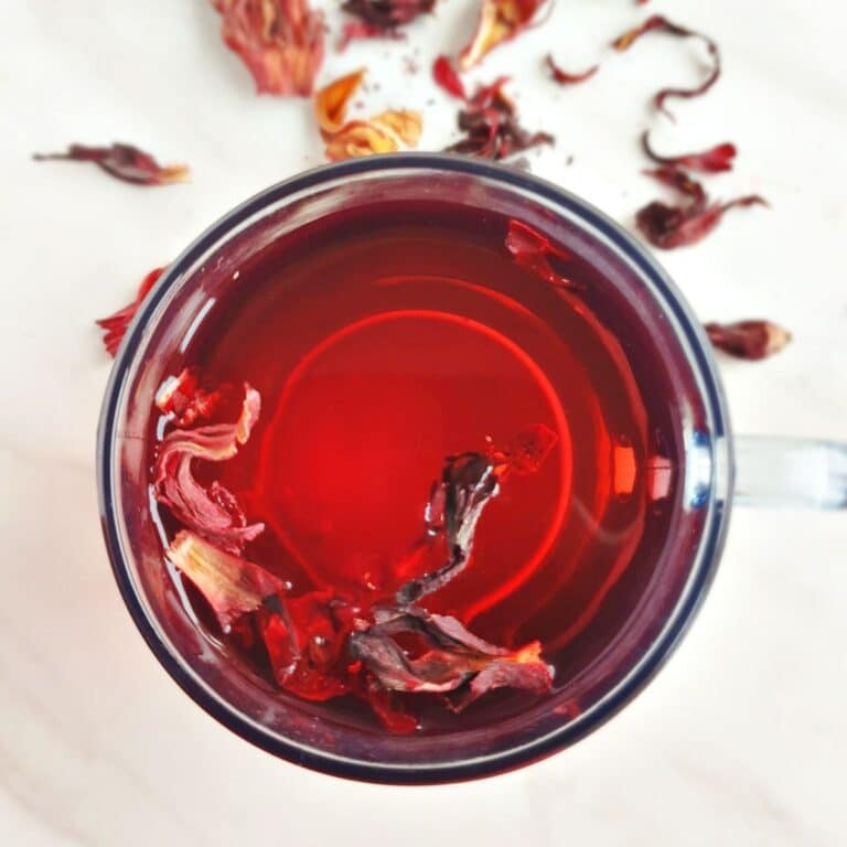 hibiscus tea in a glass placed on a marble along with dried petals.