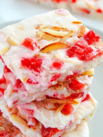 stacked strawberry yogurt barks.