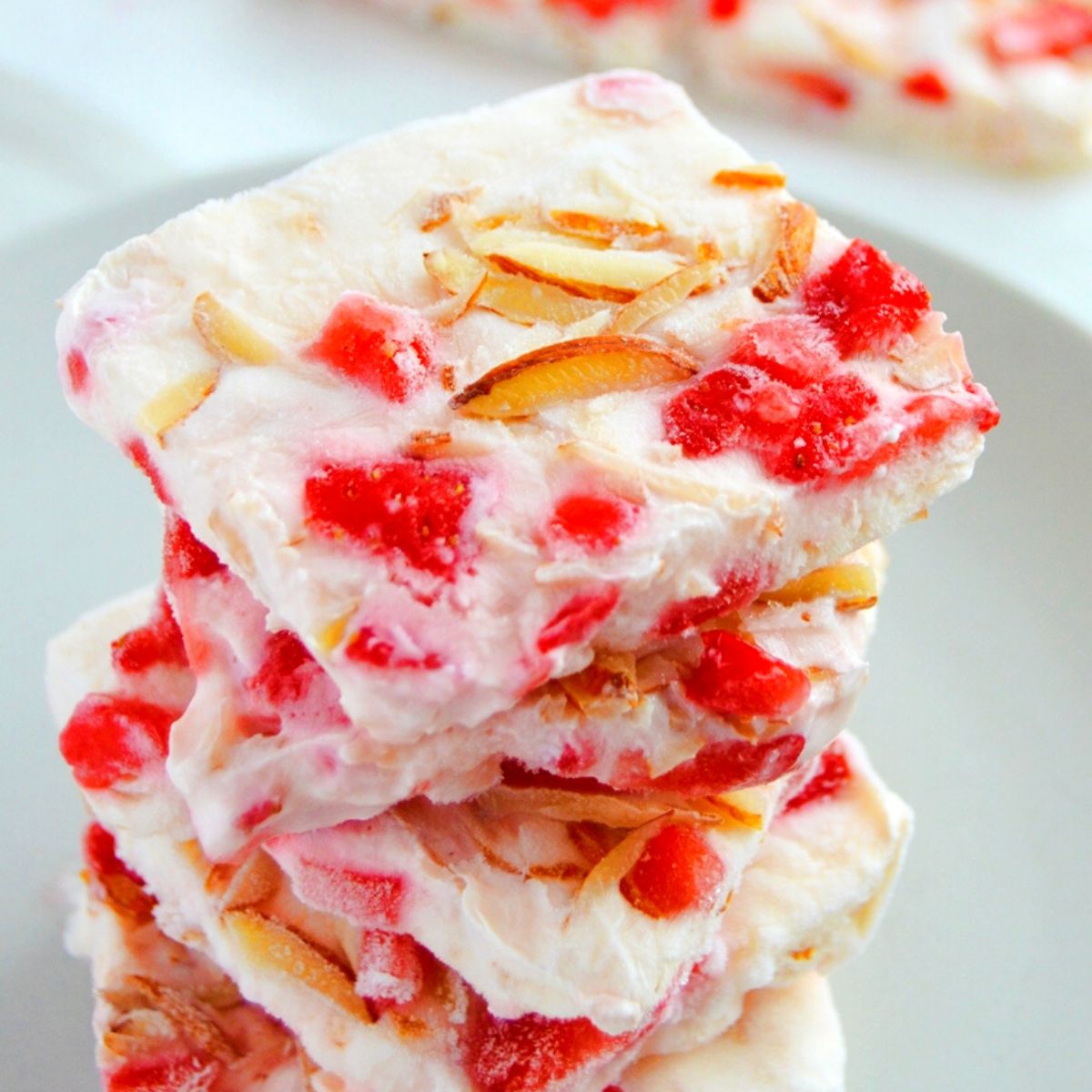 stacked strawberry yogurt barks.
