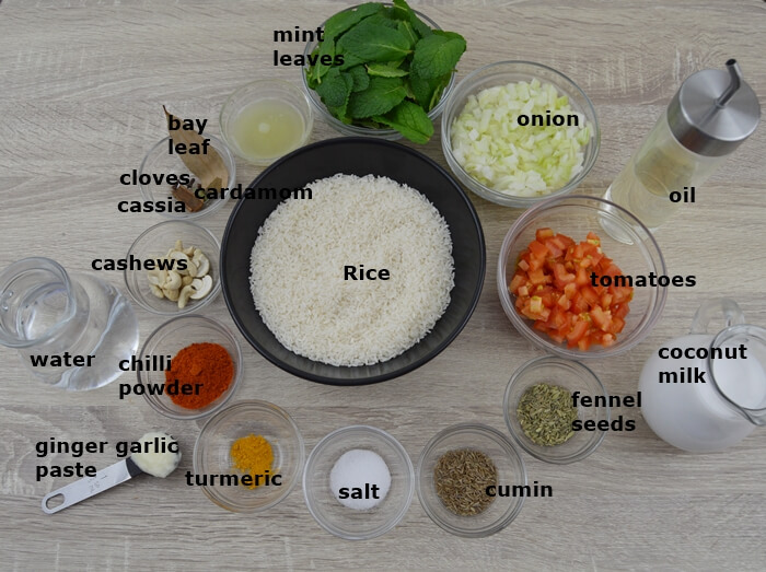 ingredients placed in individual bowls ready to make mint pulao.