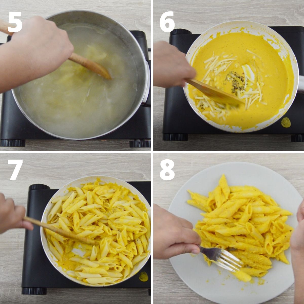 college of 4 images with top left image of cooking pasta in water, top right image of stirring carrot sauce in a white pan, bottom left image of mixing pasta in the sauce and bottom right image of picking carrot pasta from a plate with a fork.