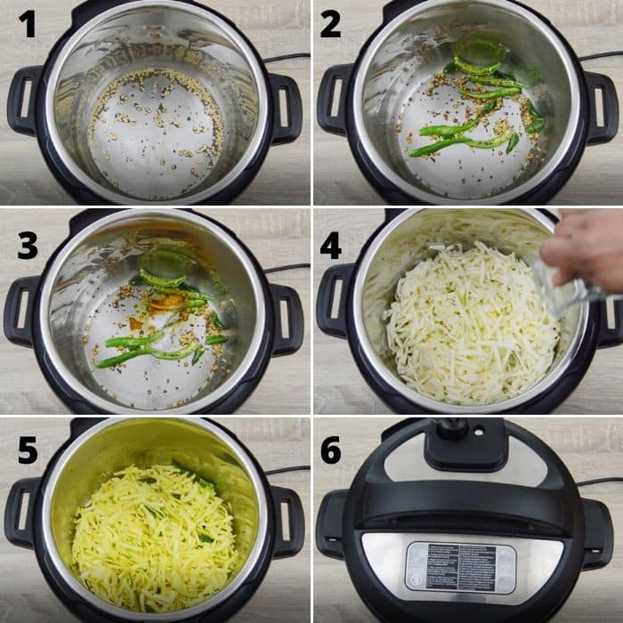process of sauting spices in instant pot to make cabbage poriyal.