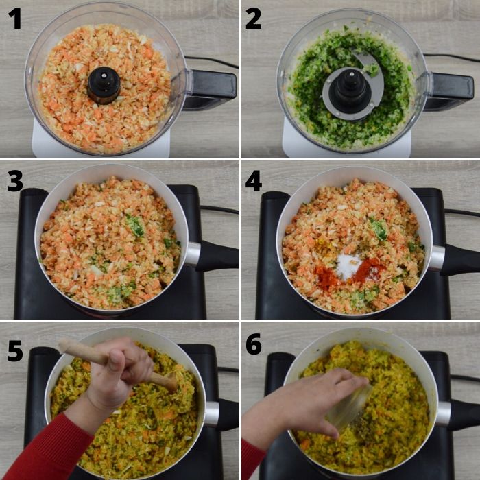 process of mincing and cooking vegetables with spices.