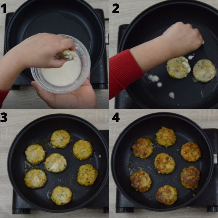 process of frying chickpea veggie patties on a shallow black pan.