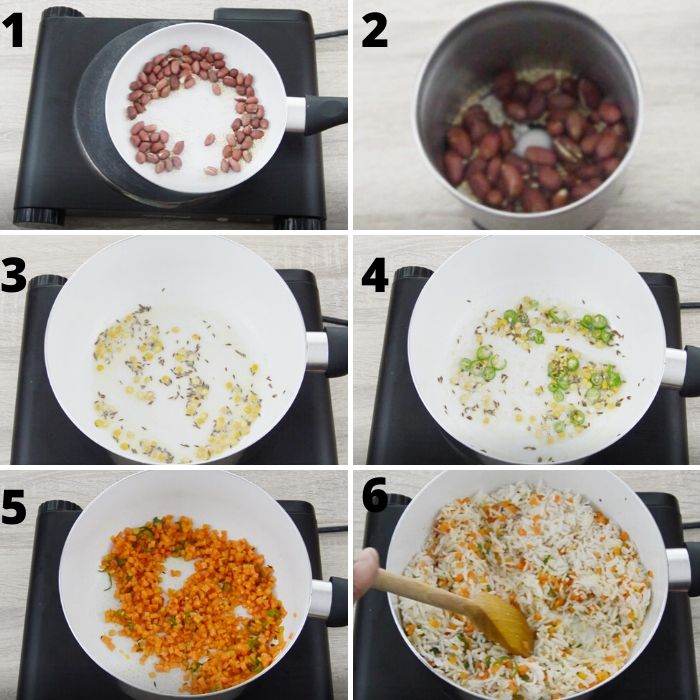 Process of cooking carrot rice in a white pan.