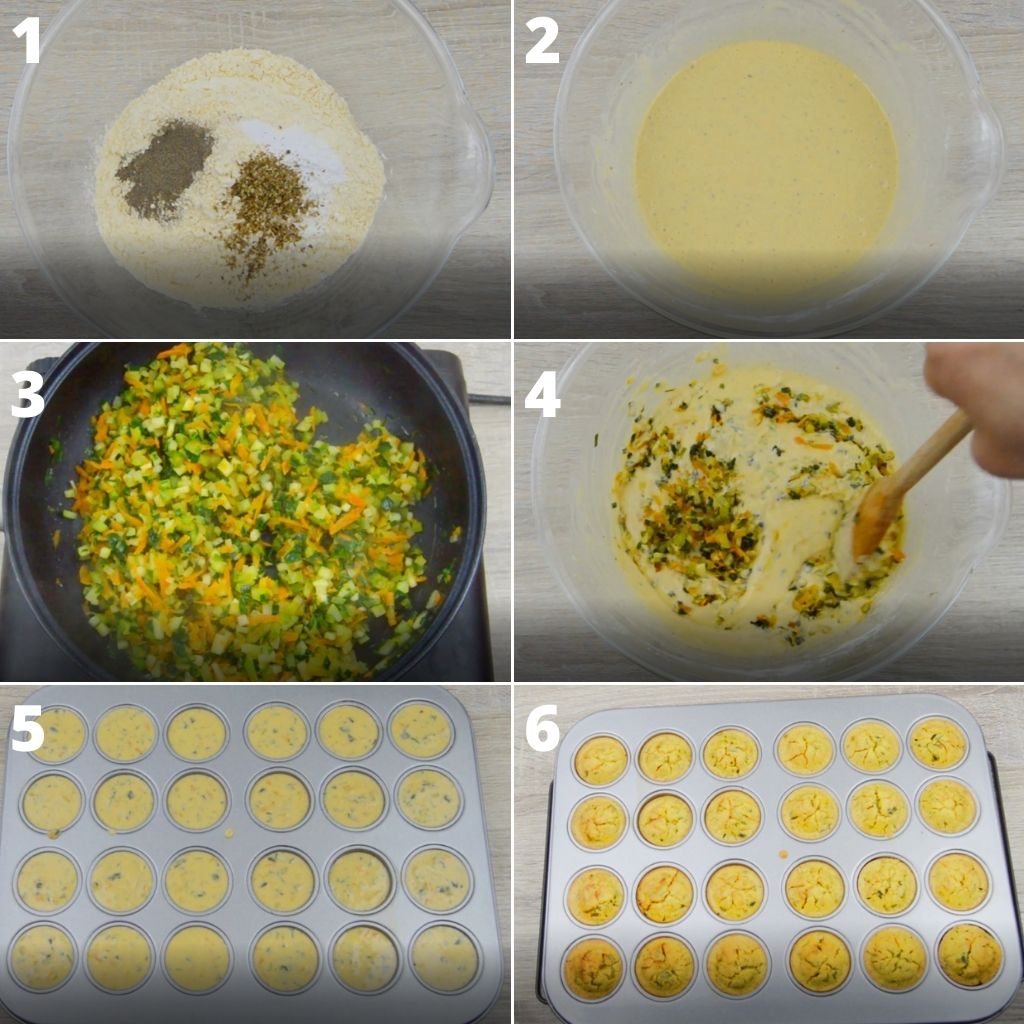process of cooking vegetables and combining with chickpea flour batter and making vegetable frittatas in muffin tin.