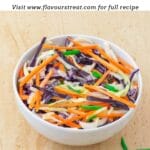 pin image of vegan coleslaw with text overlay on top.