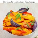 pin image of garlic herb roasted vegetables in a white bowl with a black text overlay on top.