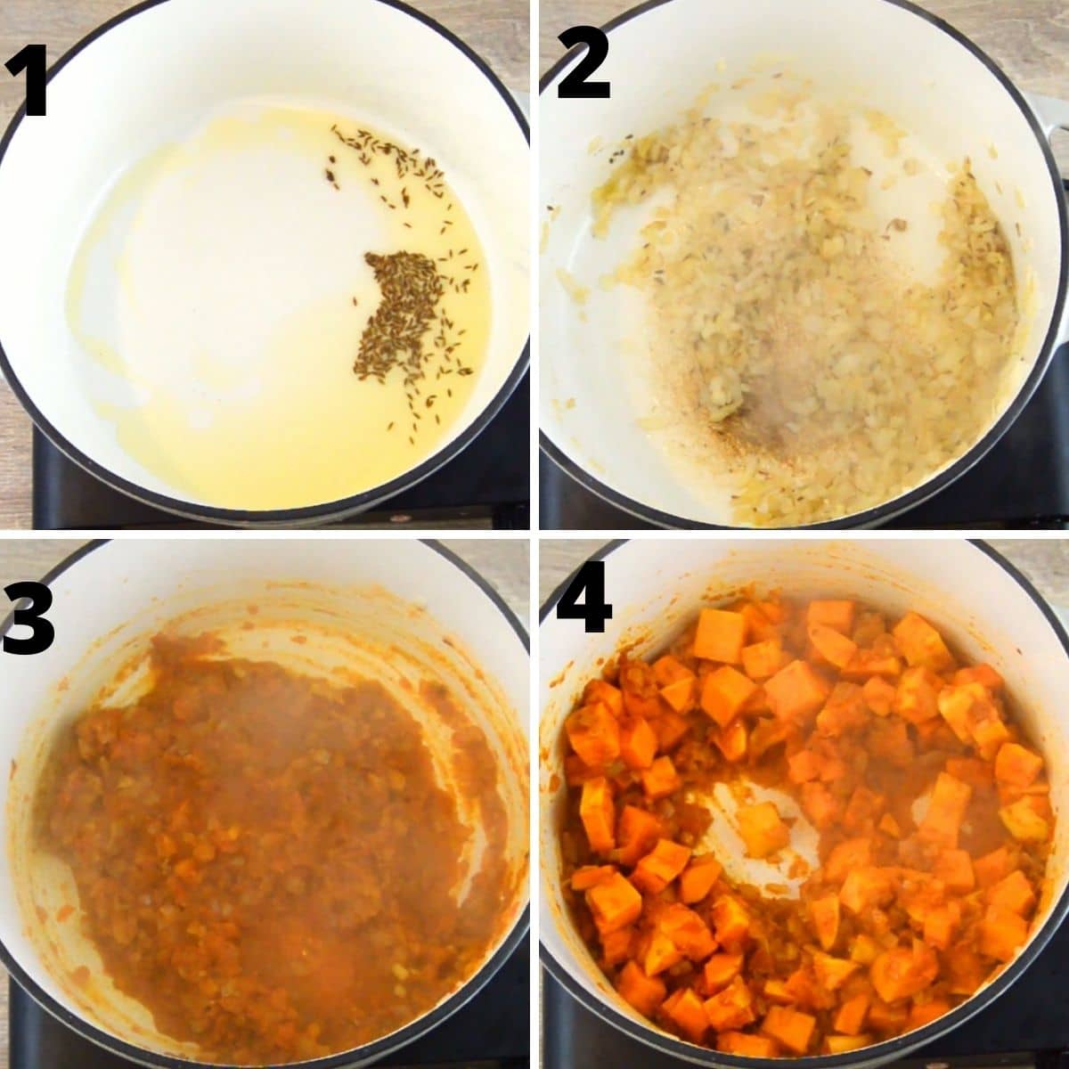collage of 4 images showing the process of frying spices and vegetables in a ceramic pot.