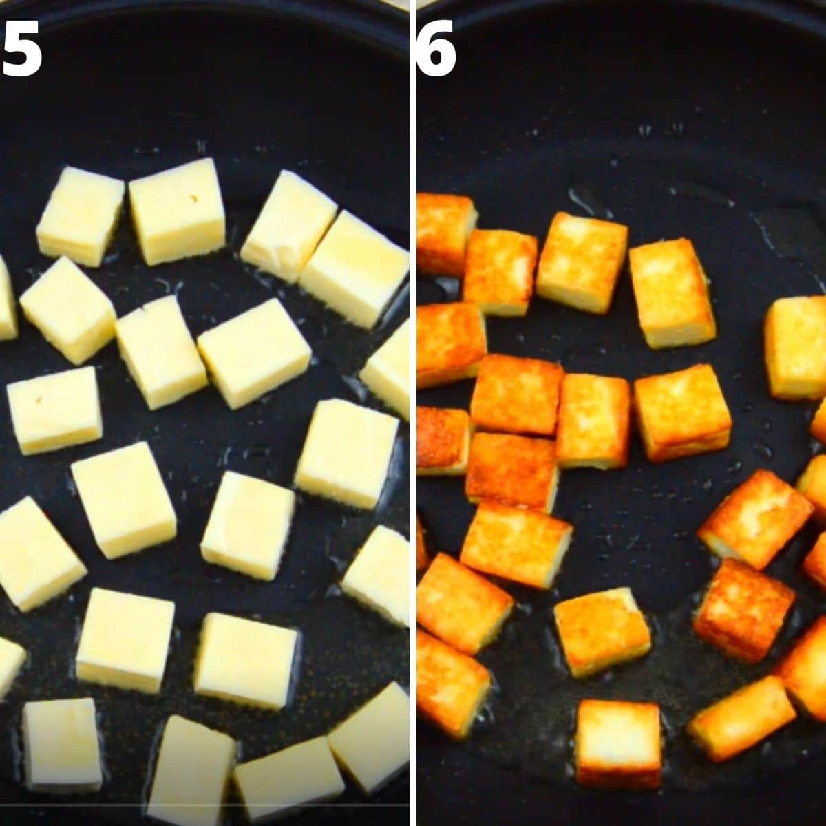 college of 2 images wit left showing fresh paneer in a frying pan and right side image of fried paneer in a frying pan.