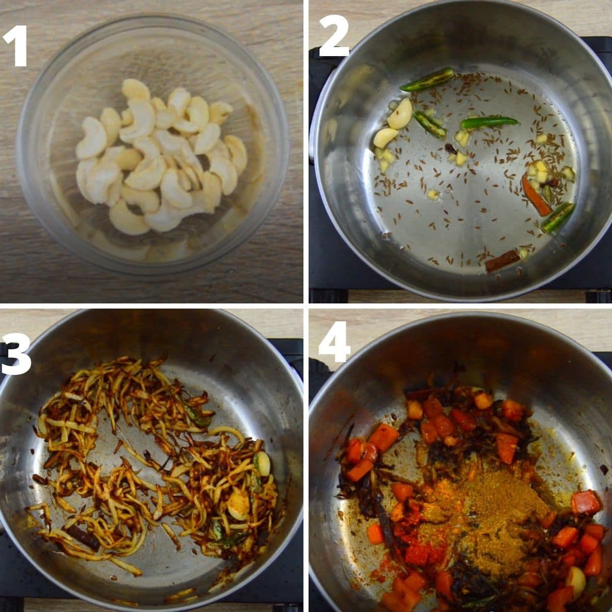 college of 4 images with top left image with a bowl of soaked cashews and rest of the 3 images showing the process of cooking vegetables and spices in a steel pot.