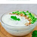 pin image of Indian raita with a blue text overlay on the top.