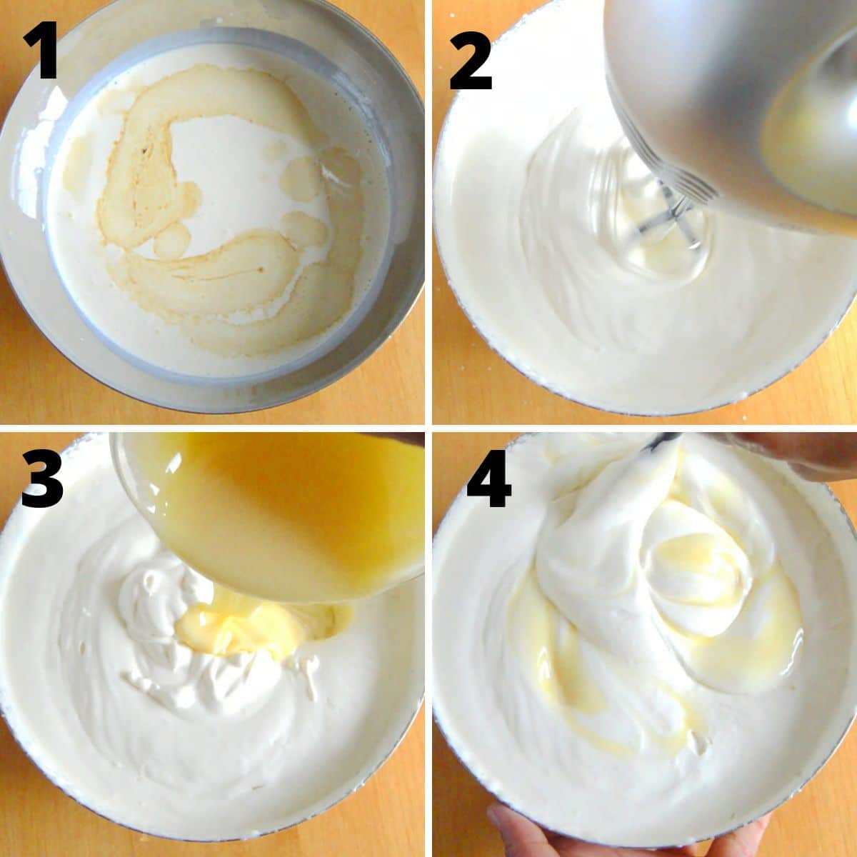 college of 4 images of a steel container containing cream, whipping cream and vanilla extract, pouring condensed milk and folding it with whipped cream.