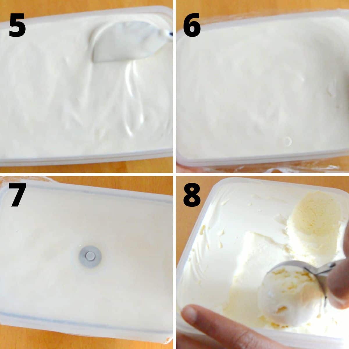 college of 4 images with top left image of a spreading icecream in plastic box with spatula, top right image of covering box with plastic wrap, bottom left image of covering box with a lid and bottom right image of scooping icecream from a box.