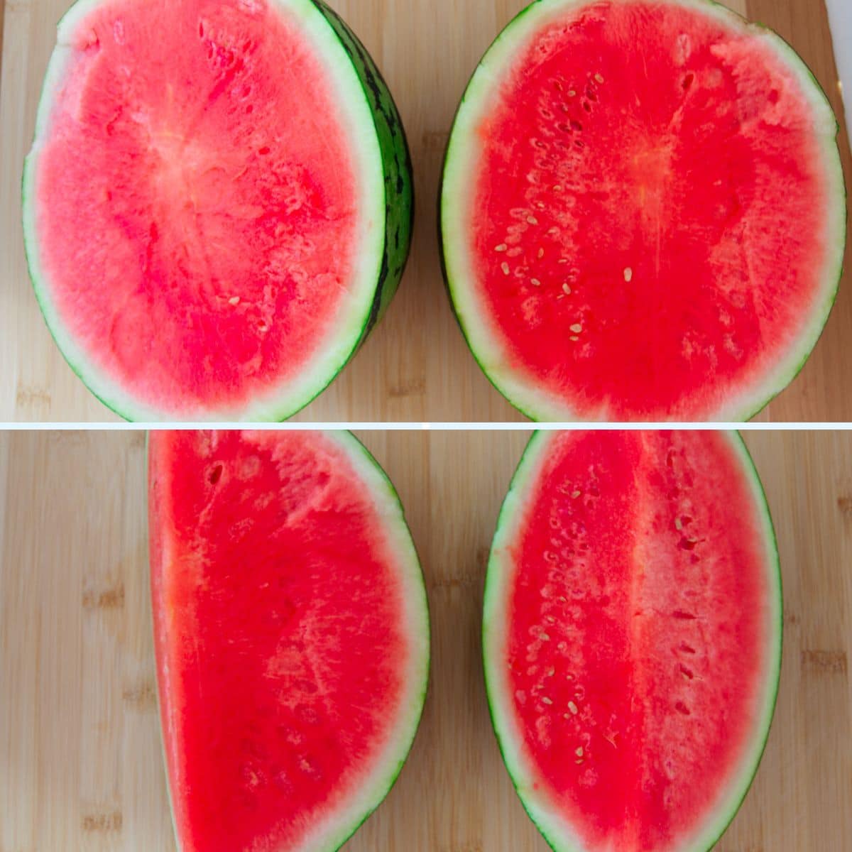 college of 2 images with half cut watermelon on top and 2 pieces of quartered watermelon in bottom image.
