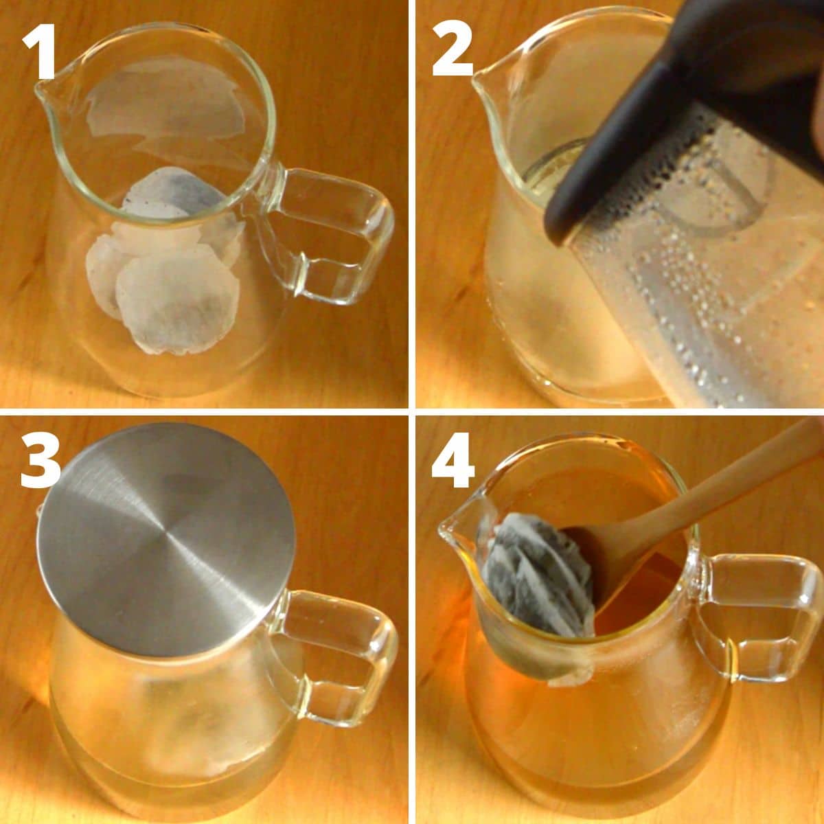college of 4 images showing the process of making green tea in a glass jug.