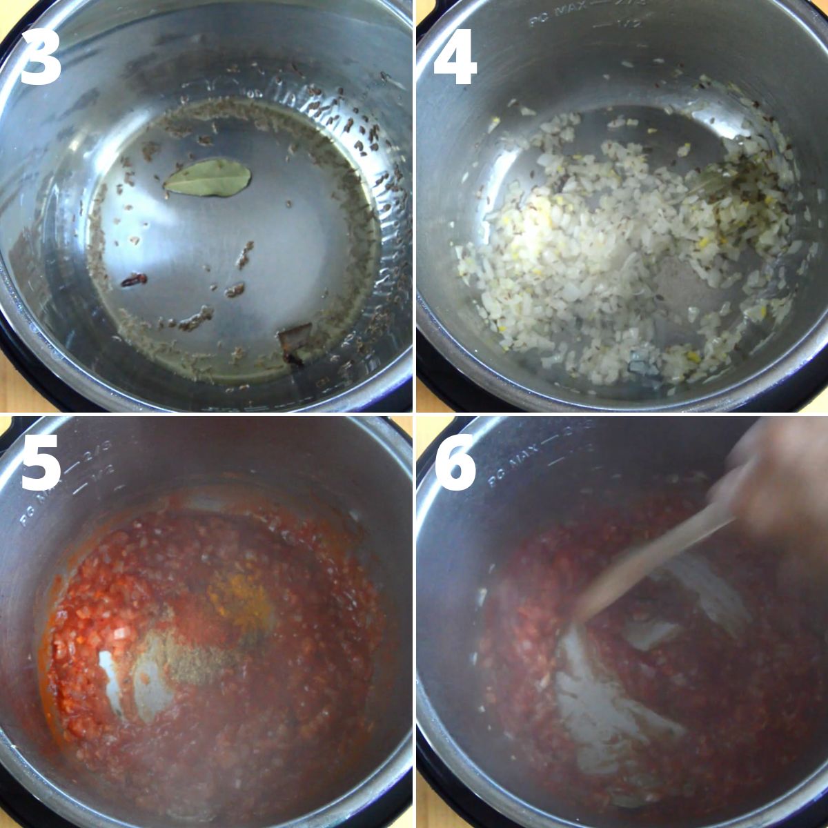collage of 4 images showing the process of frying whole spices and cooking vegetables along with dry spices in a inner steel pot of instant pot.
