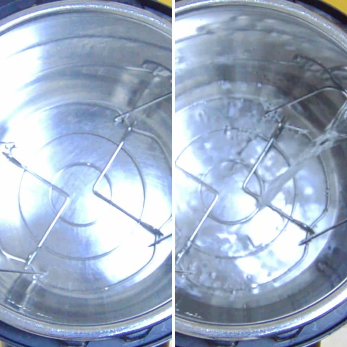 collage of 2 images - left image with trivet inside the instant pot and right image with pouring water.