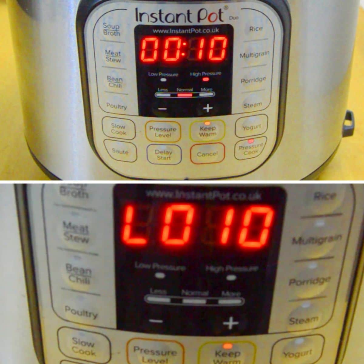 collage of 2 images with top image of instant pot displaying 10 minutes and bottom image displaying L0:10.