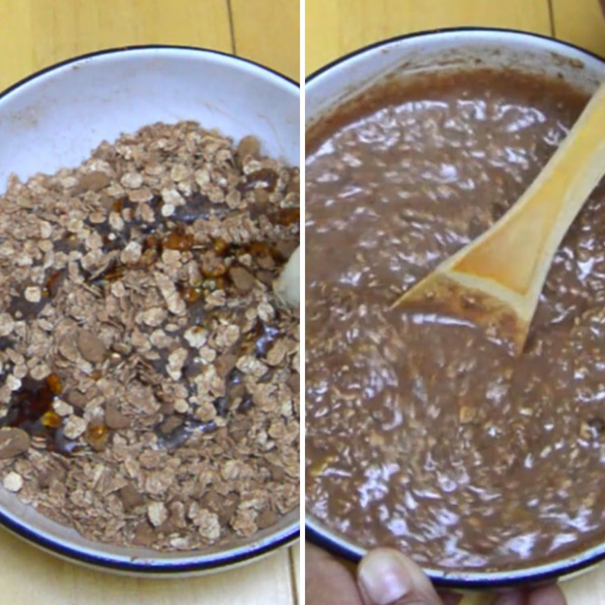 collage of 2 images with first image showing the dry oats mixture with milk pouring in it and second image showing the mixing the chocolate oats with a wooden spoon.