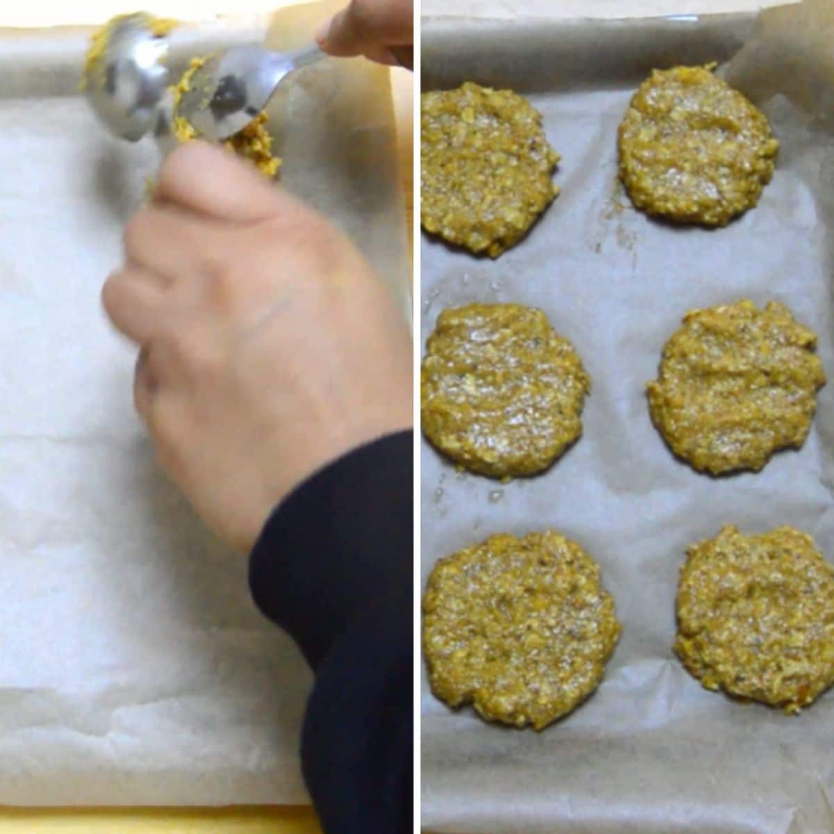 collage of 2 images with left image of dropping cookie dough into a baking sheet and right image of spread cookie dough ready to be baked.