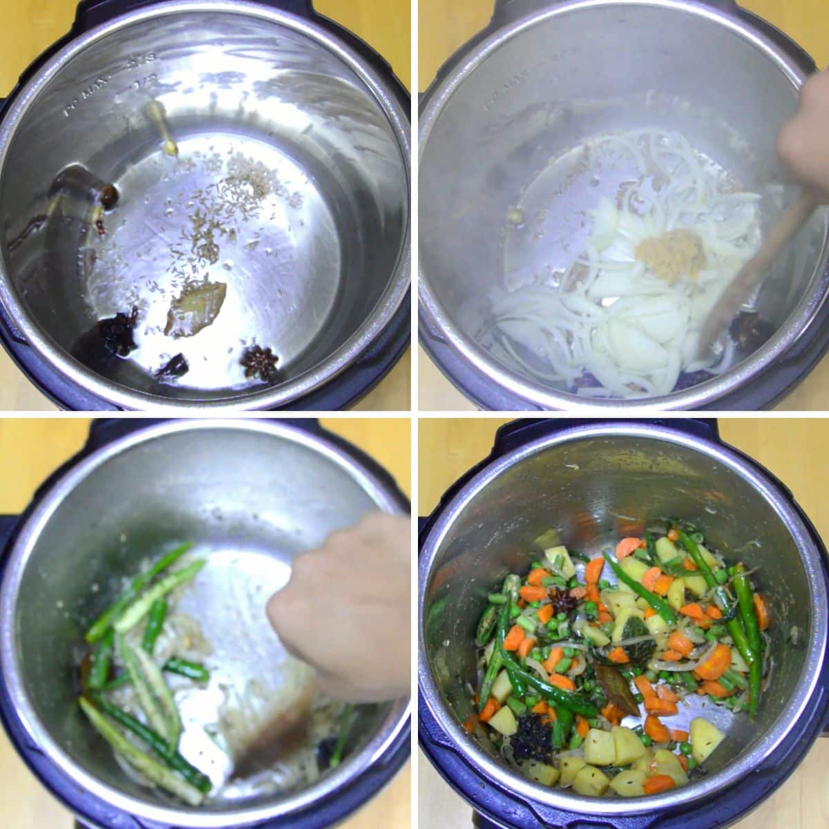 college of 4 images of instant pot showing the process of frying whole spices and sauteing vegetables in the inner steel container of instant pot. 