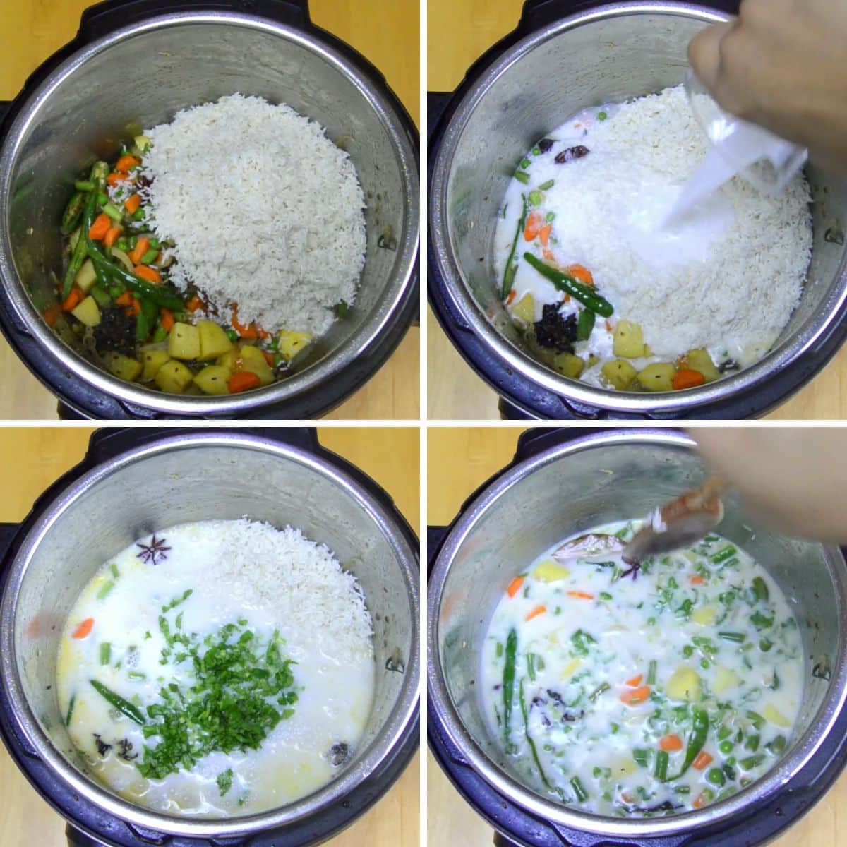 college of 4 images showing the process of combining rice with liquids and stirring with a wooden spoon.