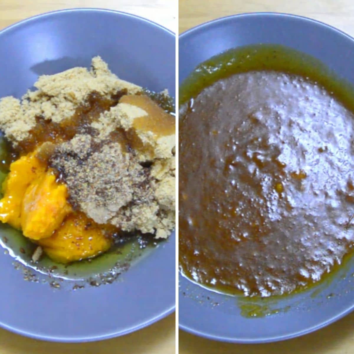 collage of 2 images with left image of a grey bowl of pumpkin puree, brown sugar and right image of combined ingredients.