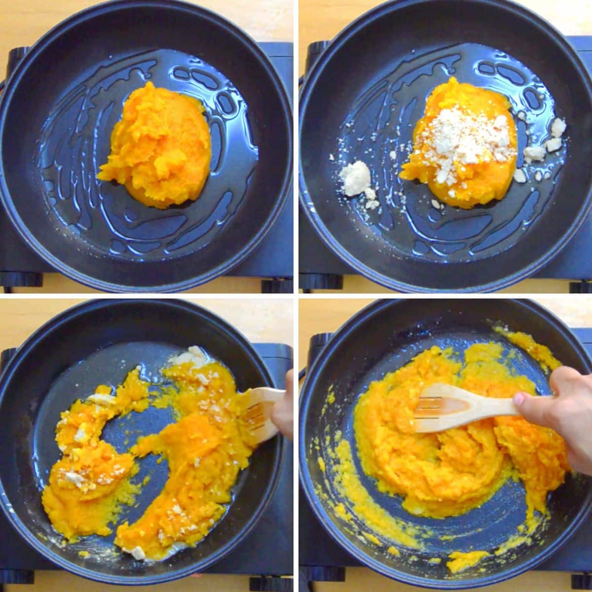 college of 4 images showing the process of combining pumpkin puree with cashew nut powder in a black pan.