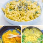 pin image of pumpkin spinach pasta with 3 images showing the final image of pasta, cooking pasta sauce and stirring in spinach with a text overlay on top and bottom.