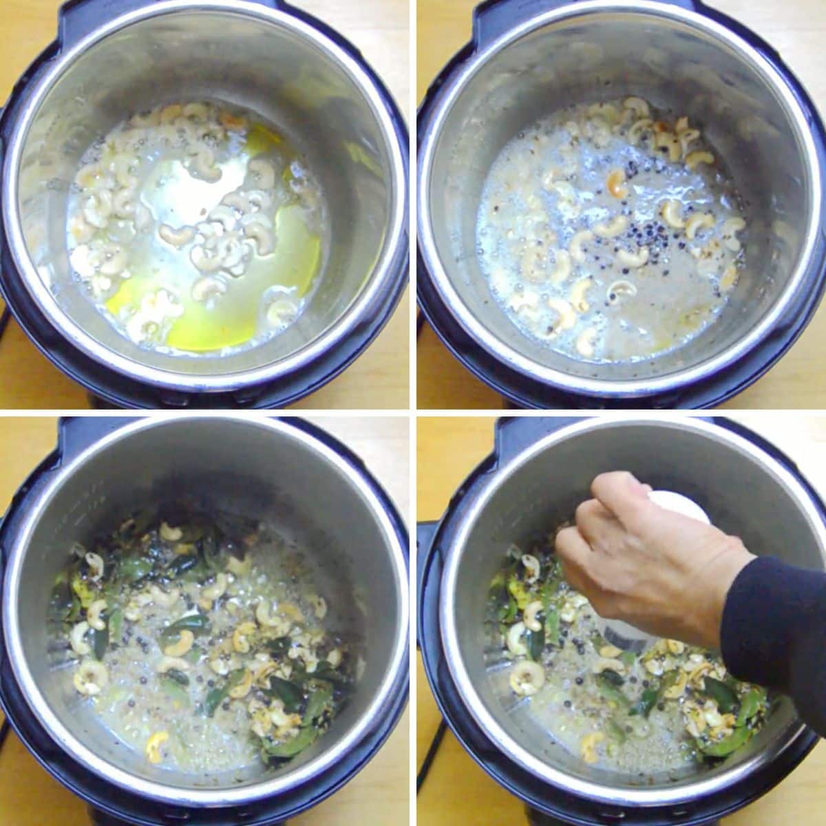college of 4 images showing the process of frying cashews, spices and curry leaves in oil in an instant pot.