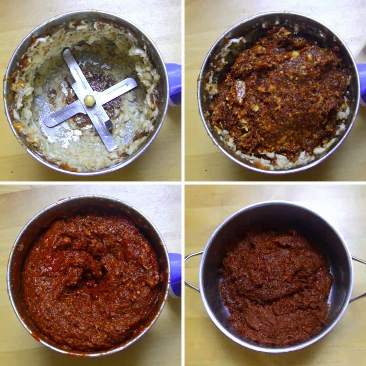 collage of 4 images with top left image of mixie jar with crushed garlic, top right image of red chutney in a mixie jar, bottom left image of red ginger chutney in a mixie jar and bottom right image of mixing fried spices with a red chutney in a steel pot.
